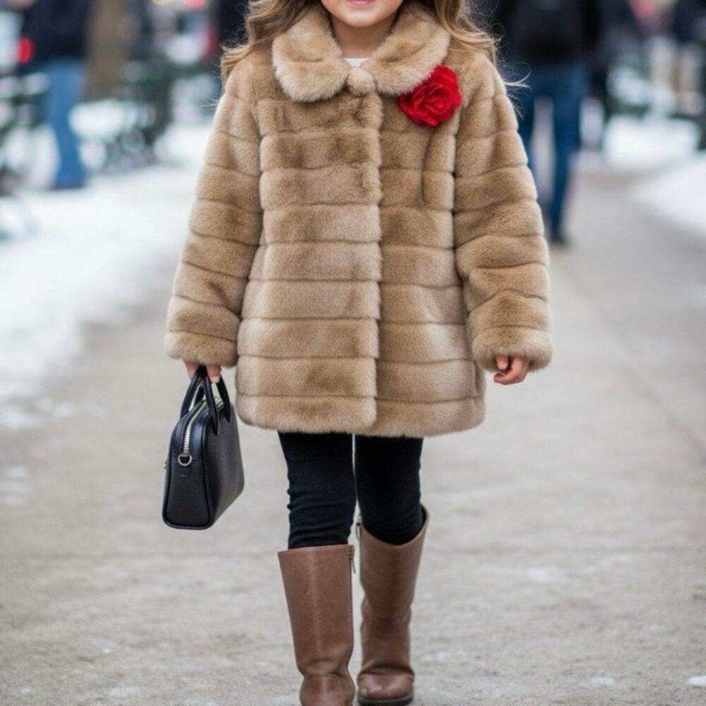 Kate Spade New York girls' faux mink coat in tan featuring a red rosette Size 10
